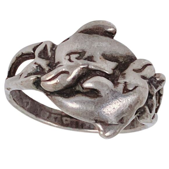 VTG Solid Silver Dolphin Ring 1990s Nautical Ocean Jewelry Sculptural Figural - Picture 4 of 10